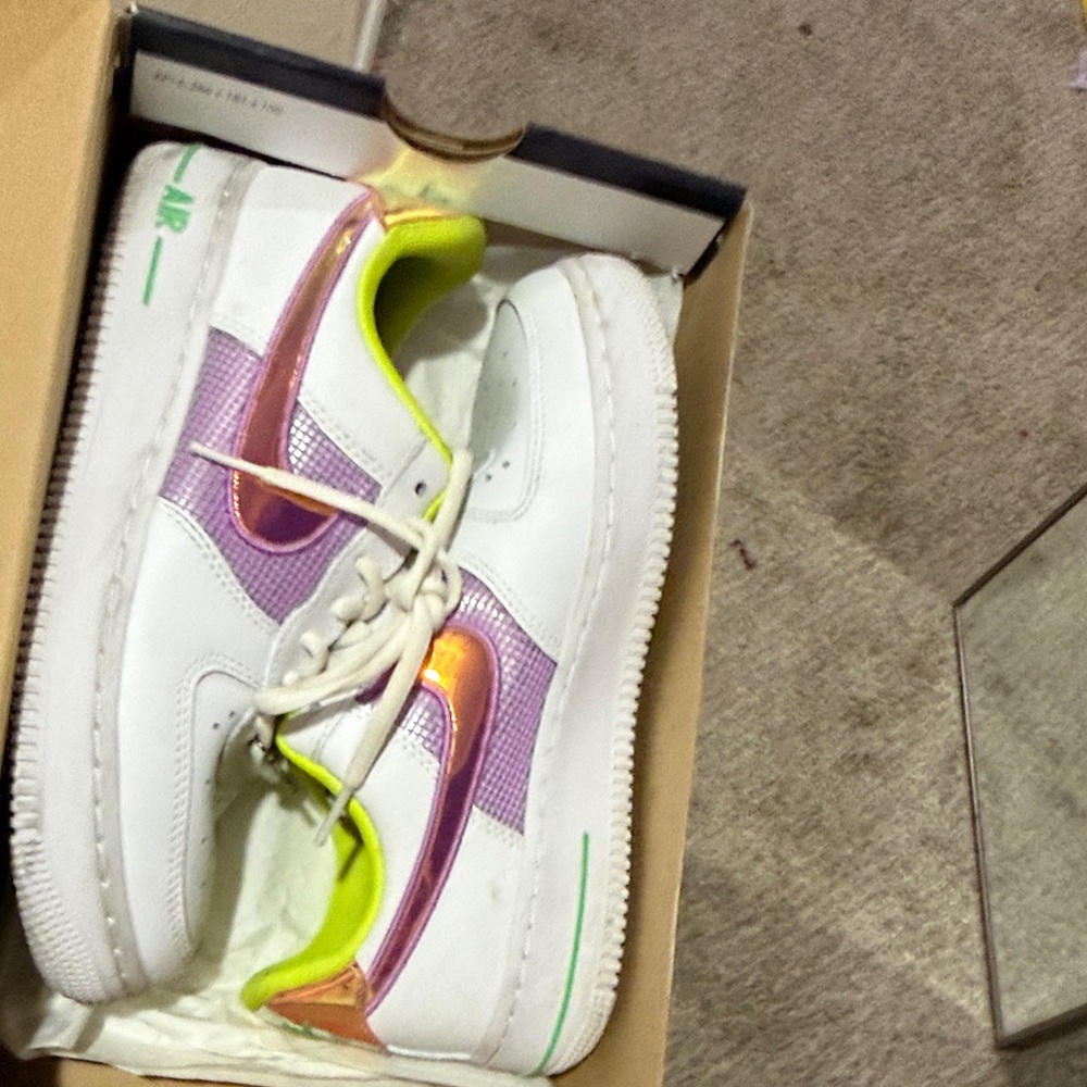 Nike Kids White Sneakers with Iridescent Pink Swoosh and Neon Lime Lining